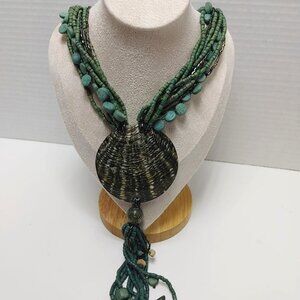 3/$30 Boho 70s Large Seashell Pendant Teal Wooden Bead Layered Necklacr Retro